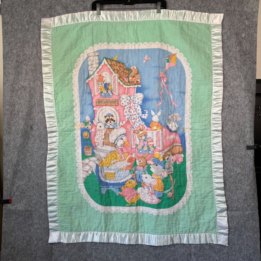 Vtg Baby Nursery Rhymes Crib Blanket Quilt 40x34" Satin Trim Humpty Animals